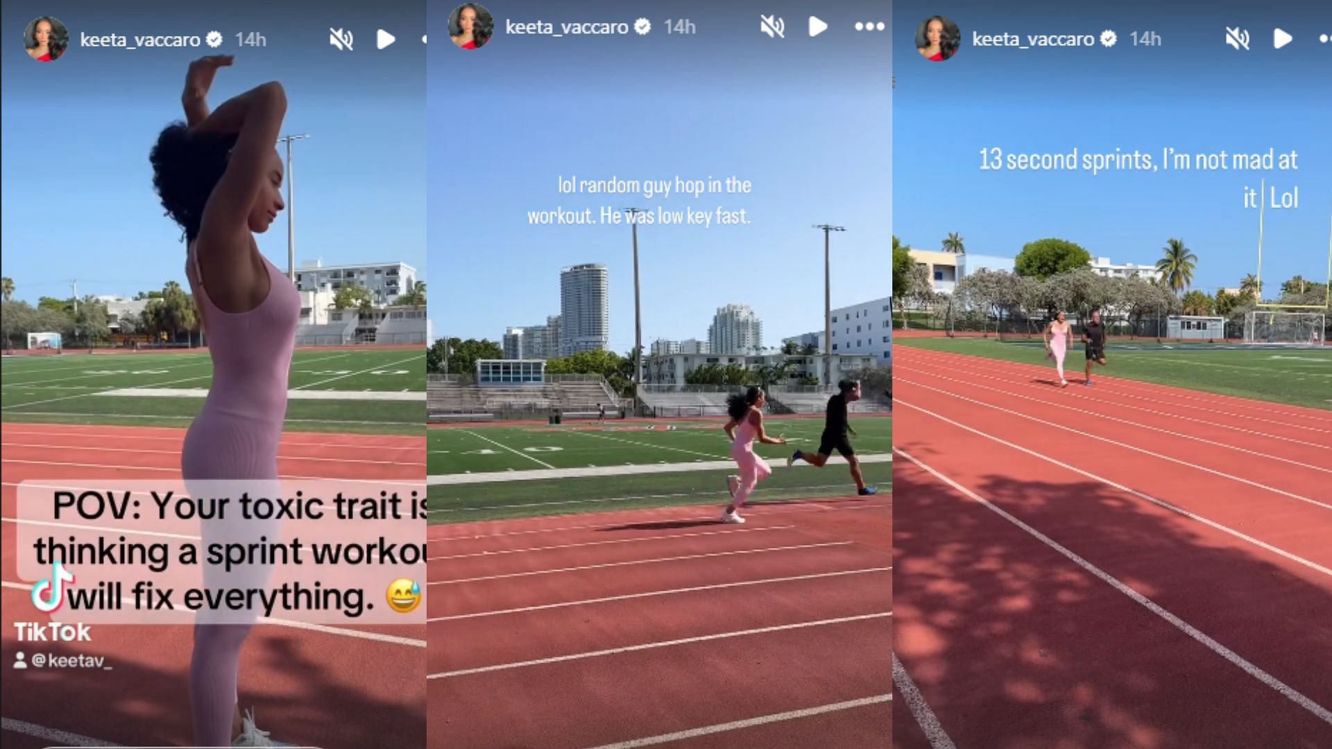 Vaccaro shared her sprint workout. (Photos via Keeta Vaccaro's Instagram Story)